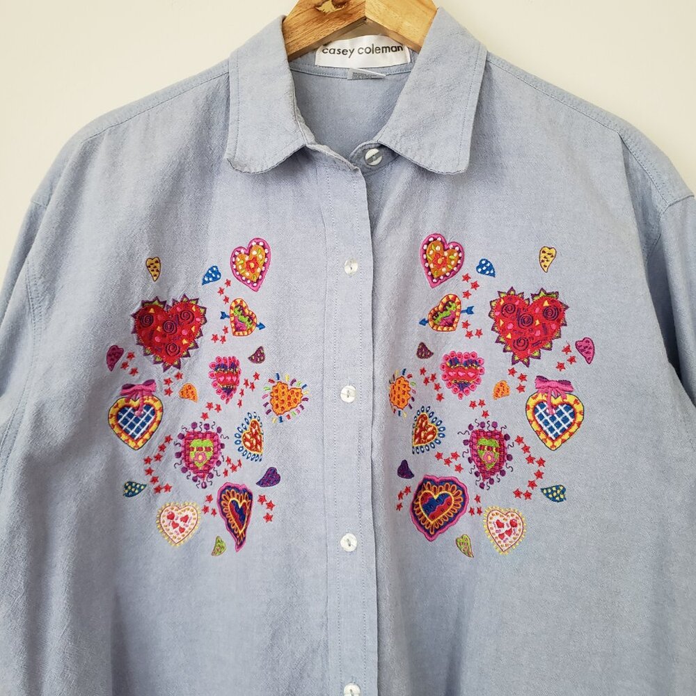 Casey Coleman Size L 100% Cotton Embroidered Hearts Denim Button Down Shirt - Picture 3 of 13